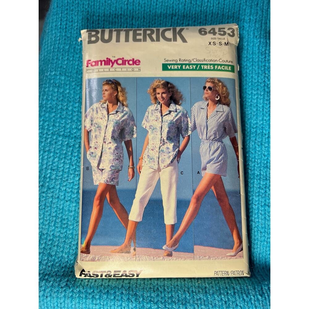 Butterick Sewing pattern 6453 button down shirt shorts pants size xs s